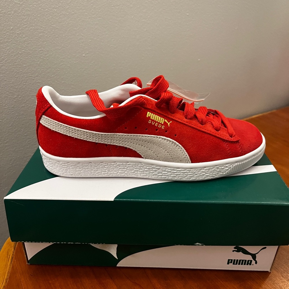 Puma Red and White Suede Sneakers with Signature Stripe